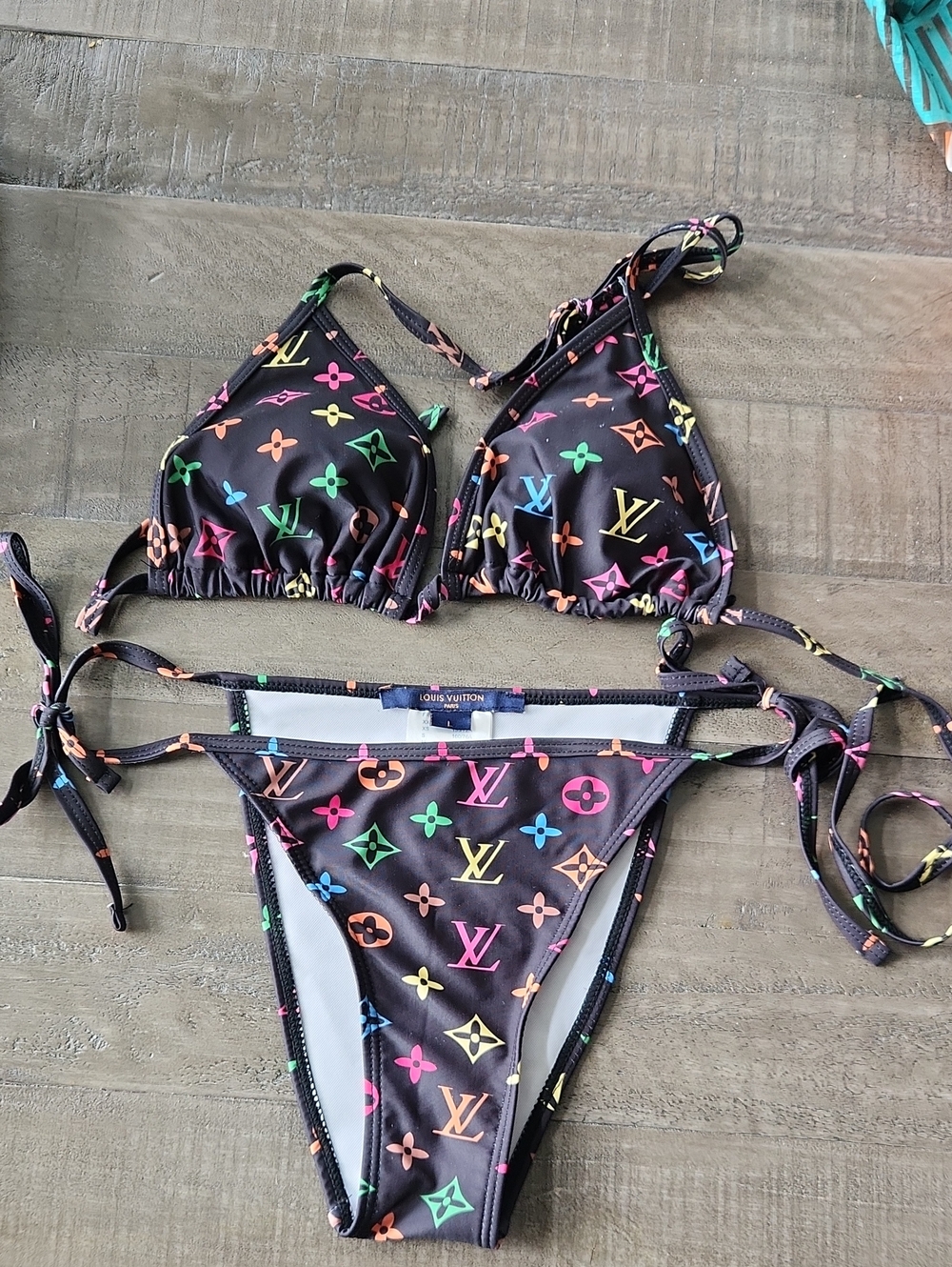 Louis Vuitton Black Multicolor Monogram String Bikini